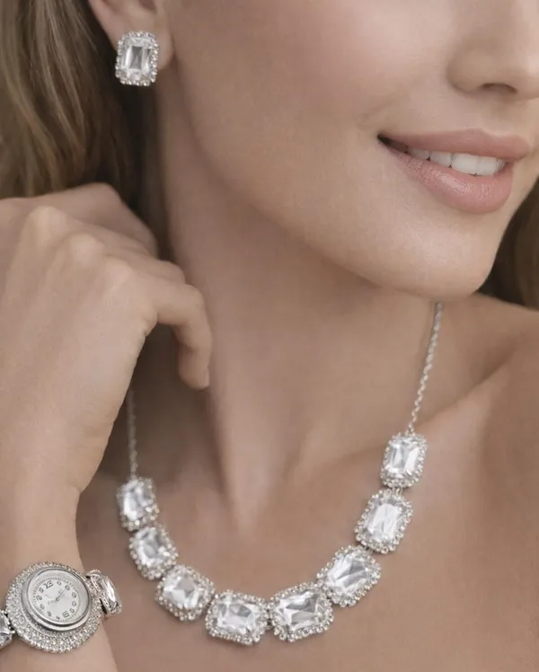 SHANKHRAJ_MALL_Pink_Crystal_Jewelry_Set,_Necklace_Earrings_Bracelet_Watch,_Rhinestone_Halo,_Silver_Tone,_4_Piece_Set_(A353)