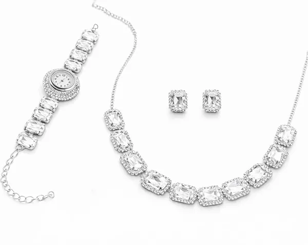 SHANKHRAJ_MALL_Pink_Crystal_Jewelry_Set,_Necklace_Earrings_Bracelet_Watch,_Rhinestone_Halo,_Silver_Tone,_4_Piece_Set_(A353)