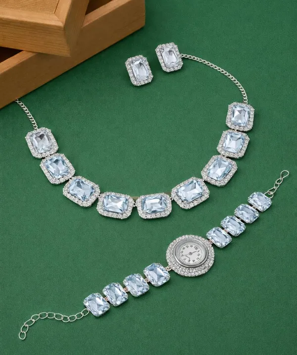 SHANKHRAJ_MALL_Pink_Crystal_Jewelry_Set,_Necklace_Earrings_Bracelet_Watch,_Rhinestone_Halo,_Silver_Tone,_4_Piece_Set_(A353)