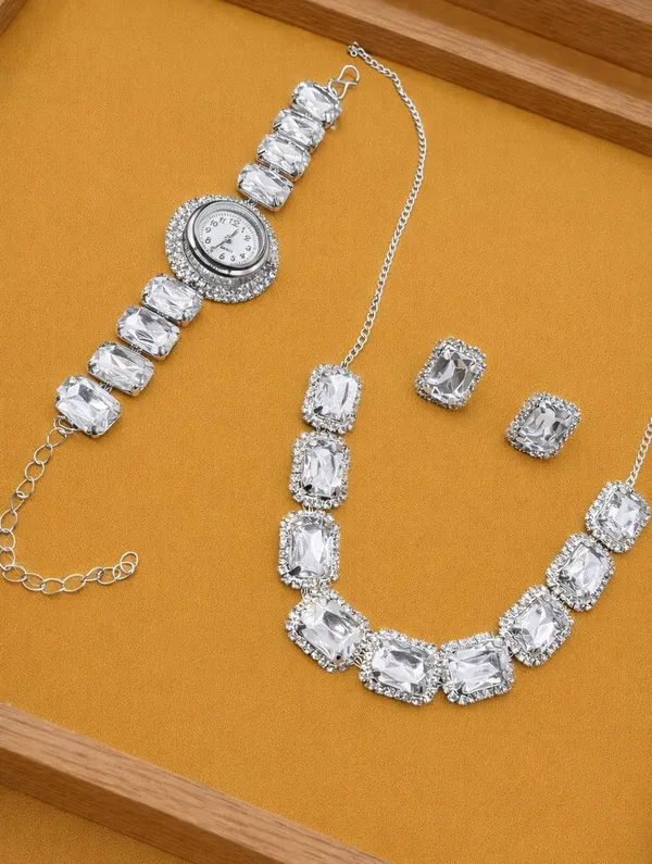 SHANKHRAJ_MALL_Pink_Crystal_Jewelry_Set,_Necklace_Earrings_Bracelet_Watch,_Rhinestone_Halo,_Silver_Tone,_4_Piece_Set_(A353)