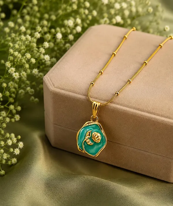Gold-Toned_Floral_Medallion_Pendant_Necklace_with_Beaded_Chain_(GREEN)