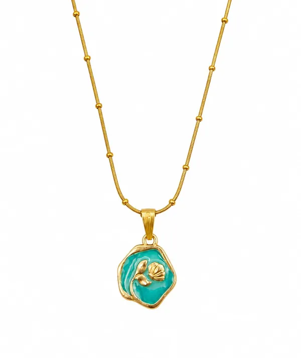 Gold-Toned_Floral_Medallion_Pendant_Necklace_with_Beaded_Chain_(GREEN)