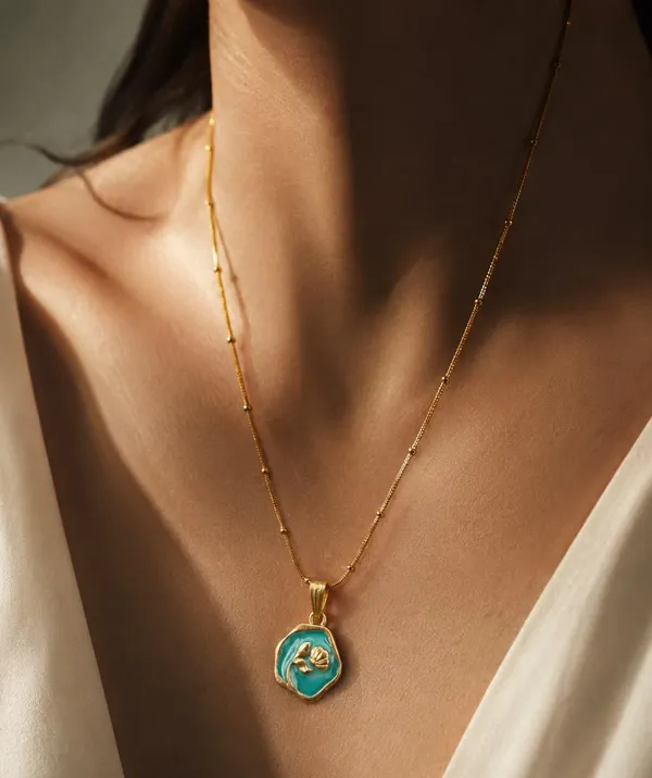 Gold-Toned_Floral_Medallion_Pendant_Necklace_with_Beaded_Chain_(GREEN)