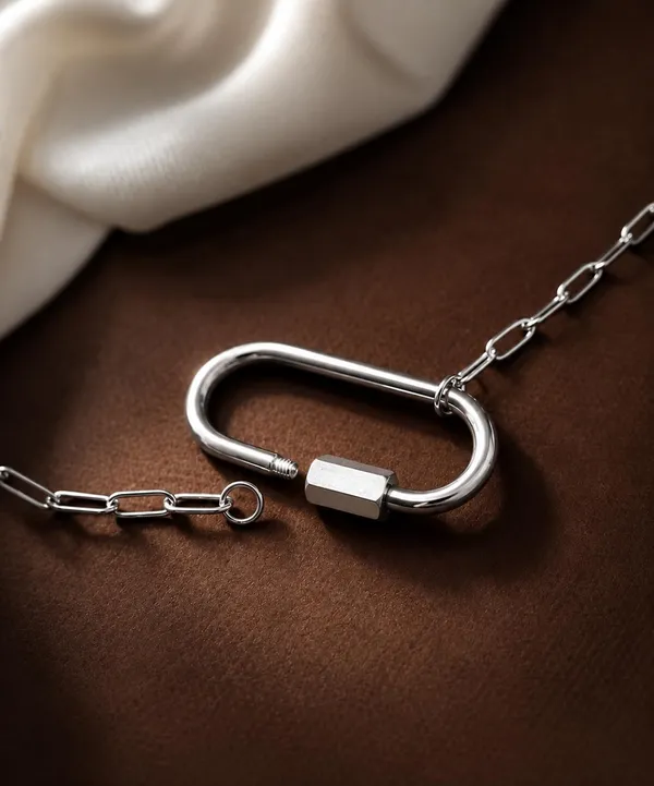 SHANKHRAJ_MALL_Carabiner_Pendant_Necklace_with_Paperclip_Chain,_Silver