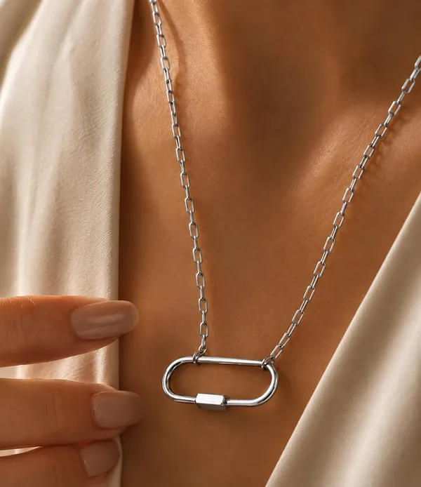 SHANKHRAJ_MALL_Carabiner_Pendant_Necklace_with_Paperclip_Chain,_Silver