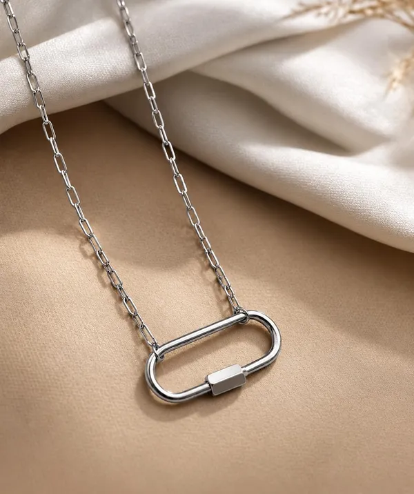 SHANKHRAJ_MALL_Carabiner_Pendant_Necklace_with_Paperclip_Chain,_Silver