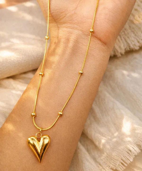 SHANKHRAJ_MALL_Gold-Tone_Heart_Pendant_Necklace,_Satellite_Bead_Chain,_Dainty_Minimalist_Style_(A473)