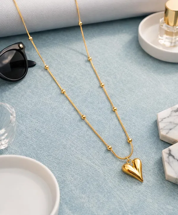 SHANKHRAJ_MALL_Gold-Tone_Heart_Pendant_Necklace,_Satellite_Bead_Chain,_Dainty_Minimalist_Style_(A473)