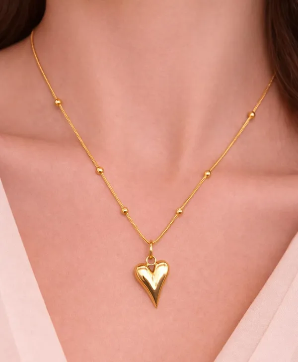 SHANKHRAJ_MALL_Gold-Tone_Heart_Pendant_Necklace,_Satellite_Bead_Chain,_Dainty_Minimalist_Style_(A473)