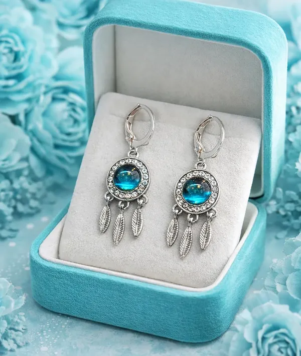 Dreamcatcher_Dangle_Earrings,_Silver_Tone,_Blue_Crystal,_Feather_Charms,_Hoop_Style