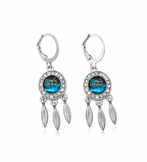 Dreamcatcher_Dangle_Earrings,_Silver_Tone,_Blue_Crystal,_Feather_Charms,_Hoop_Style