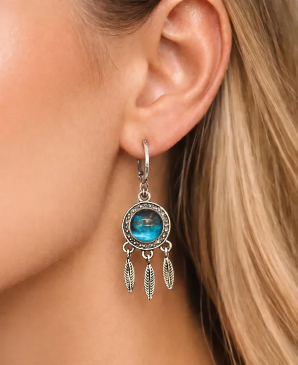 Dreamcatcher_Dangle_Earrings,_Silver_Tone,_Blue_Crystal,_Feather_Charms,_Hoop_Style