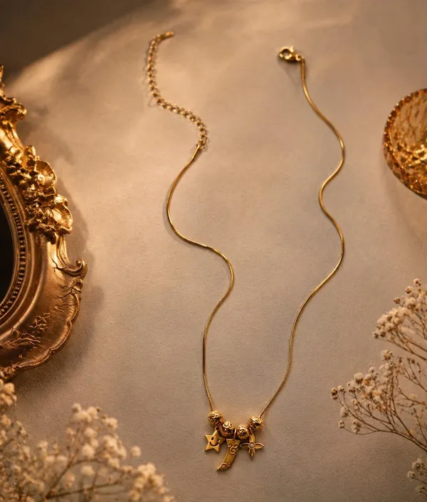 SHANKHRAJ_MALL_Gold_Plated_Lucky_Charm_Pendant_Necklace_for_Women_|_Star_&_Floral_Charm_Beaded_Necklace_|_Adjustable_Snake_Chain_Fashion_Jewelry_for_Girls_&_Women