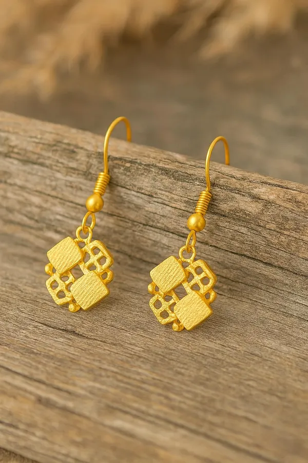 Geometric_Gold-Plated_Drop_Dangle_Earrings,_Square_Pattern_Design,_Fish_Hook