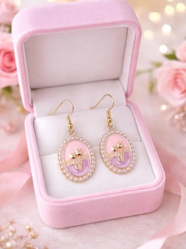 Pearl_Oval_Drop_Earrings,_Pink_Enamel_Crown_Design,_Gold_Tone,_Dangle_Style_(A374)