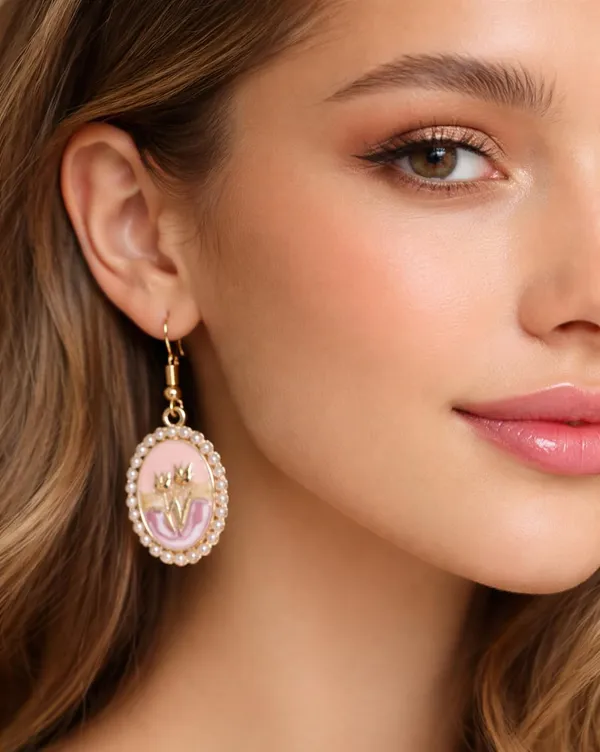 Pearl_Oval_Drop_Earrings,_Pink_Enamel_Crown_Design,_Gold_Tone,_Dangle_Style_(A374)