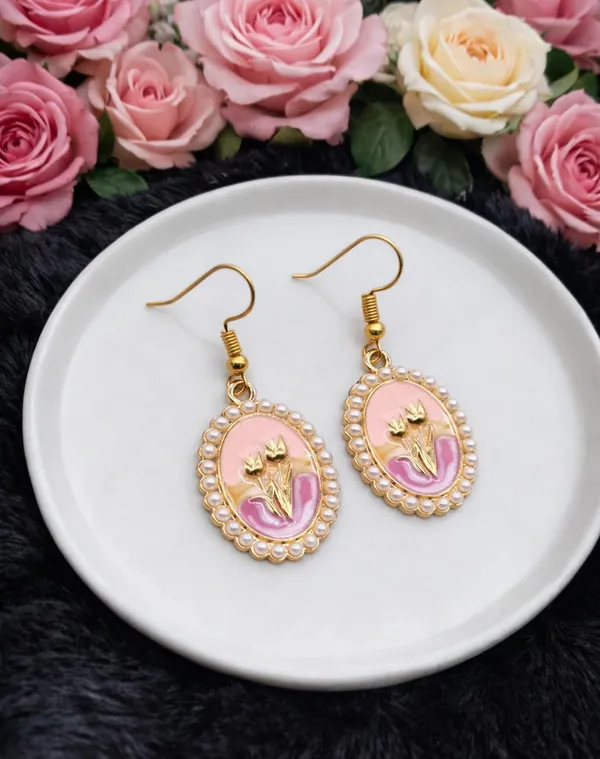 Pearl_Oval_Drop_Earrings,_Pink_Enamel_Crown_Design,_Gold_Tone,_Dangle_Style_(A374)