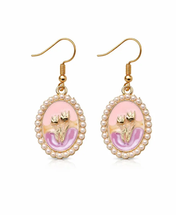 Pearl_Oval_Drop_Earrings,_Pink_Enamel_Crown_Design,_Gold_Tone,_Dangle_Style_(A374)