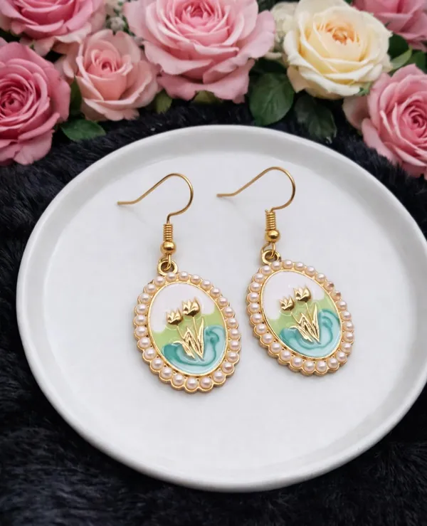Pearl_Oval_Drop_Earrings,_Pink_Enamel_Crown_Design,_Gold_Tone,_Dangle_Style_(A375)