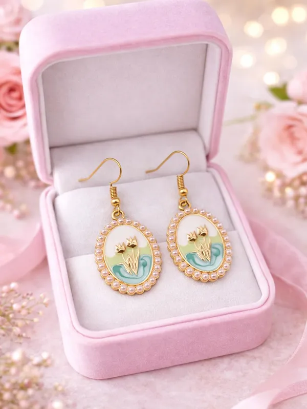 Pearl_Oval_Drop_Earrings,_Pink_Enamel_Crown_Design,_Gold_Tone,_Dangle_Style_(A375)