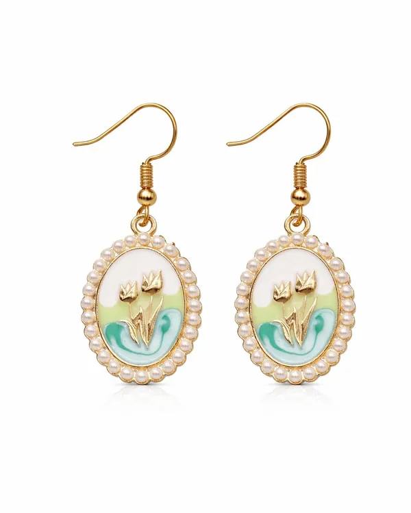 Pearl_Oval_Drop_Earrings,_Pink_Enamel_Crown_Design,_Gold_Tone,_Dangle_Style_(A375)