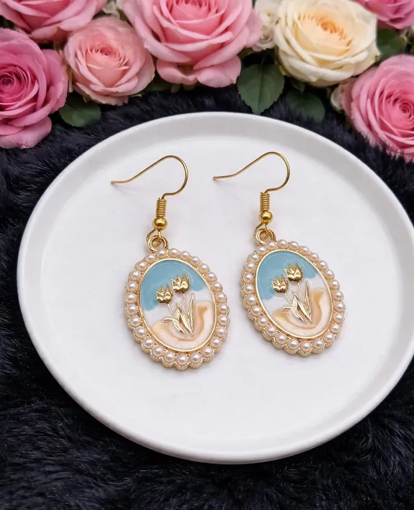 Pearl_Oval_Drop_Earrings,_Pink_Enamel_Crown_Design,_Gold_Tone,_Dangle_Style_(A376)