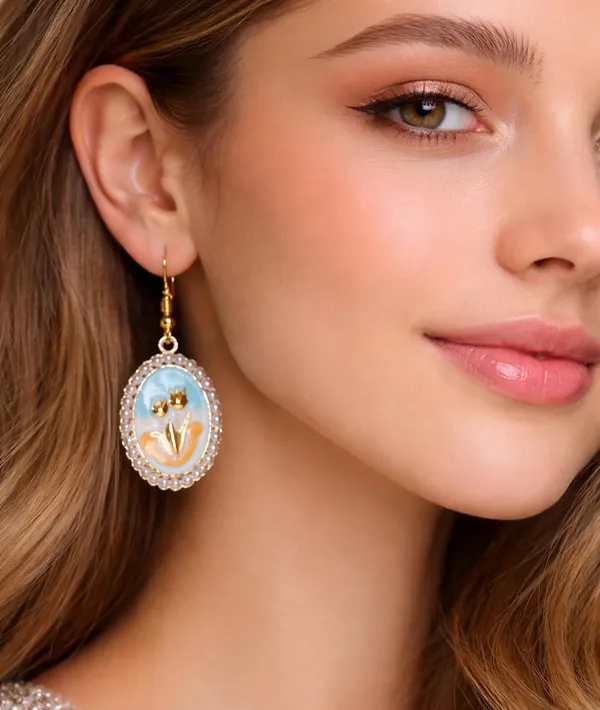 Pearl_Oval_Drop_Earrings,_Pink_Enamel_Crown_Design,_Gold_Tone,_Dangle_Style_(A376)