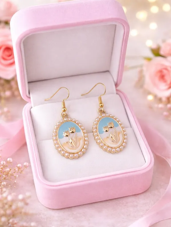 Pearl_Oval_Drop_Earrings,_Pink_Enamel_Crown_Design,_Gold_Tone,_Dangle_Style_(A376)
