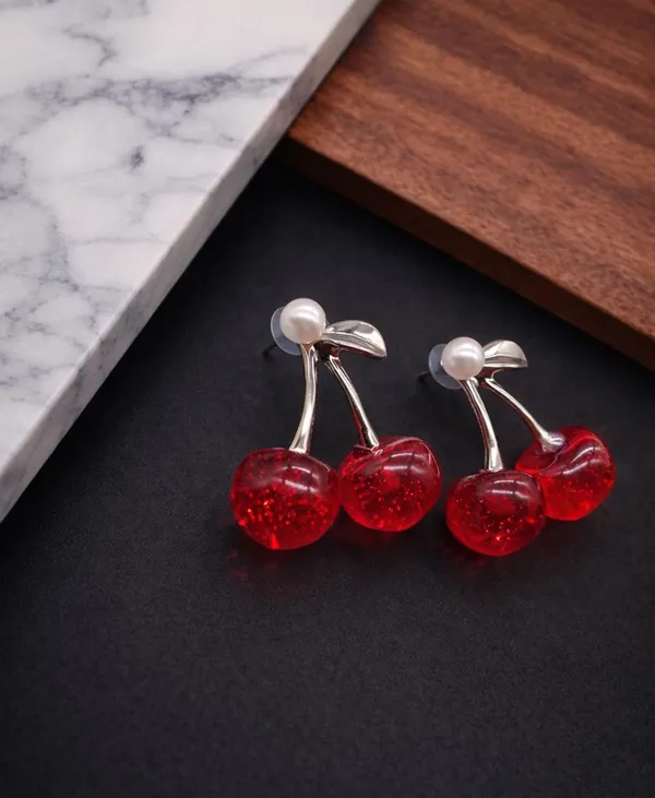 Cherry_Earrings_with_Pearl_Studs,_Red_Resin_Fruit_Design,_Silver_Tone_Metal_(A367)