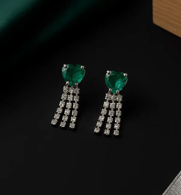 Women’s_Multi_colour_Heart_Crystal_Tassel_Earrings_|_Diamond_Look_Dangling_Design_(DARK_GREEN)