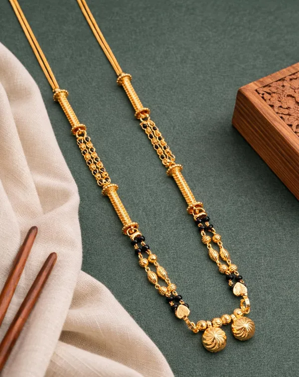 SHANKHRAJ_MALL_Gold-Toned_Mangalsutra_Necklace_with_Black_Beads,_Floral_Pendant_Design,_Traditional_Indian_Jewelry_(A371)