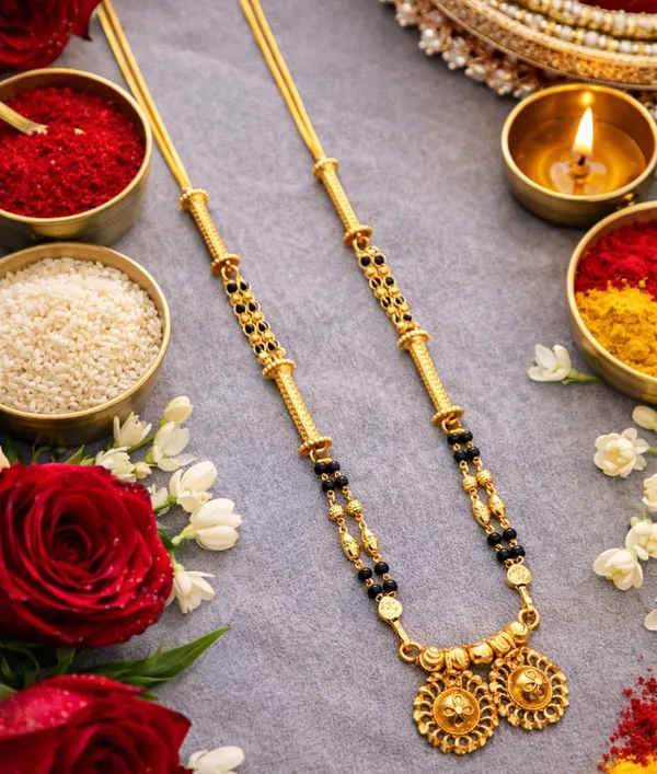 SHANKHRAJ_MALL_Gold-Toned_Mangalsutra_Necklace_with_Black_Beads,_Floral_Pendant_Design,_Traditional_Indian_Jewelry_(A373)