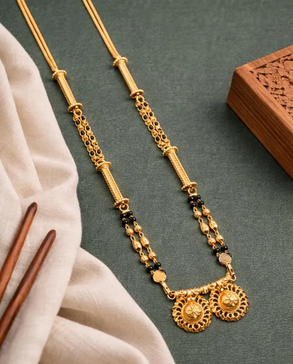 SHANKHRAJ_MALL_Gold-Toned_Mangalsutra_Necklace_with_Black_Beads,_Floral_Pendant_Design,_Traditional_Indian_Jewelry_(A373)