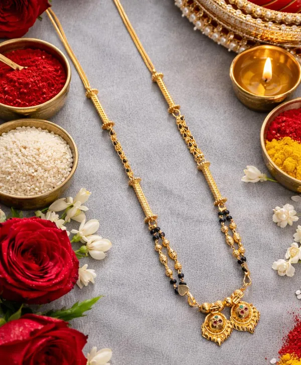 SHANKHRAJ_MALL_Gold-Toned_Mangalsutra_Necklace_with_Black_Beads,_Floral_Pendant_Design,_Traditional_Indian_Jewelry_(A372)