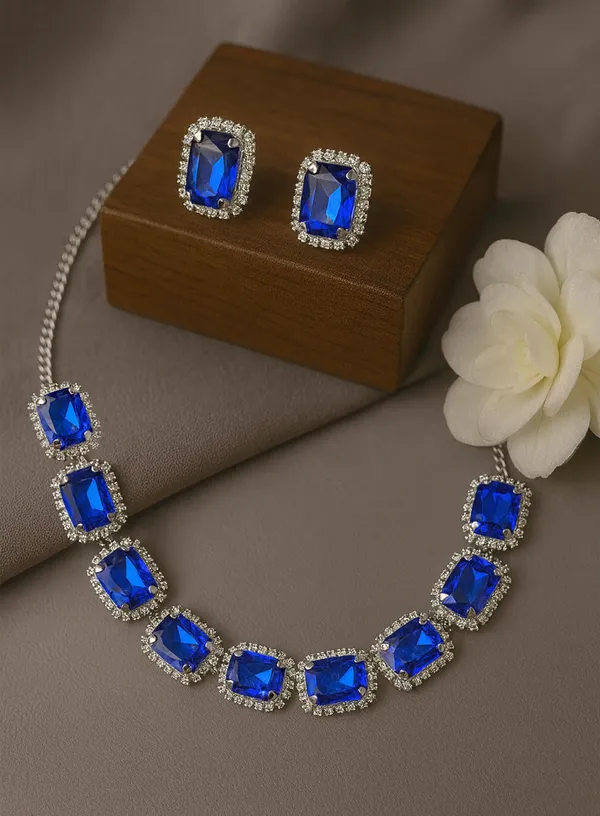 SHANKHRAJ_MALL_Elegant_Chrome_Finish_Necklace_&_Earrings_Set_with_Sparkling_Stones_–_Wedding_&_Party_Jewelry_for_Women_(BLUE)