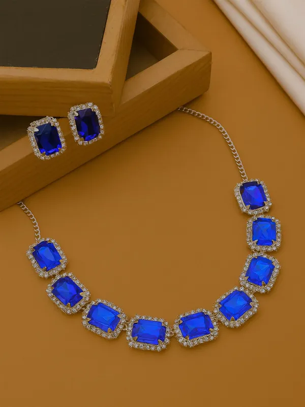 SHANKHRAJ_MALL_Elegant_Chrome_Finish_Necklace_&_Earrings_Set_with_Sparkling_Stones_–_Wedding_&_Party_Jewelry_for_Women_(BLUE)