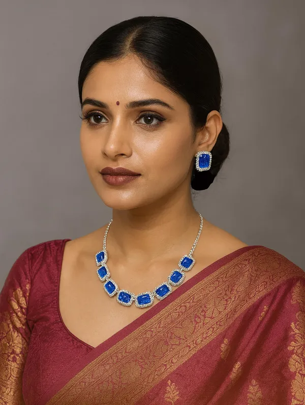 SHANKHRAJ_MALL_Elegant_Chrome_Finish_Necklace_&_Earrings_Set_with_Sparkling_Stones_–_Wedding_&_Party_Jewelry_for_Women_(BLUE)