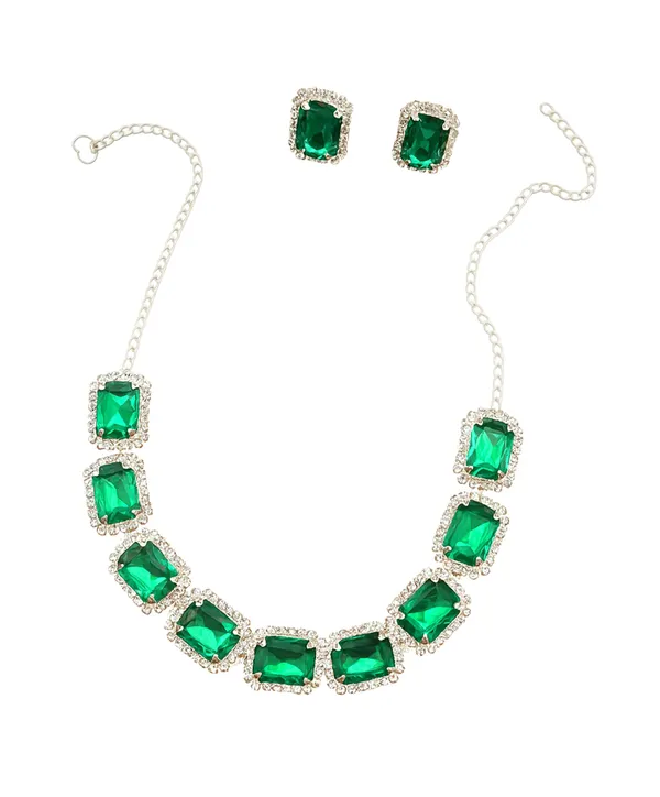 SHANKHRAJ_MALL_Elegant_Chrome_Finish_Necklace_&_Earrings_Set_with_Sparkling_Stones_–_Wedding_&_Party_Jewelry_for_Women_(GREEN)