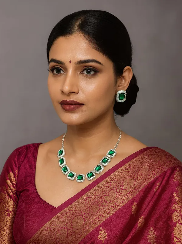 SHANKHRAJ_MALL_Elegant_Chrome_Finish_Necklace_&_Earrings_Set_with_Sparkling_Stones_–_Wedding_&_Party_Jewelry_for_Women_(GREEN)