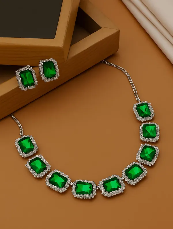 SHANKHRAJ_MALL_Elegant_Chrome_Finish_Necklace_&_Earrings_Set_with_Sparkling_Stones_–_Wedding_&_Party_Jewelry_for_Women_(GREEN)