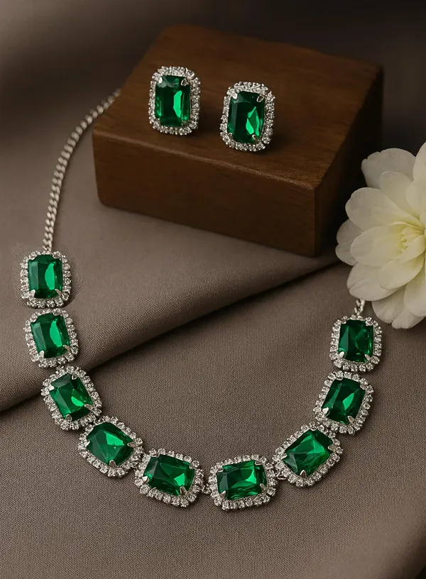 SHANKHRAJ_MALL_Elegant_Chrome_Finish_Necklace_&_Earrings_Set_with_Sparkling_Stones_–_Wedding_&_Party_Jewelry_for_Women_(GREEN)
