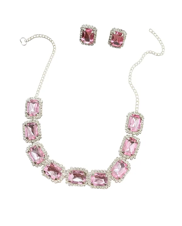 SHANKHRAJ_MALL_Elegant_Chrome_Finish_Necklace_&_Earrings_Set_with_Sparkling_Stones_–_Wedding_&_Party_Jewelry_for_Women_(PINK)