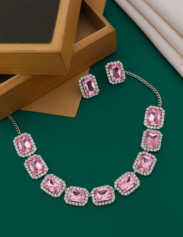 SHANKHRAJ_MALL_Elegant_Chrome_Finish_Necklace_&_Earrings_Set_with_Sparkling_Stones_–_Wedding_&_Party_Jewelry_for_Women_(PINK)