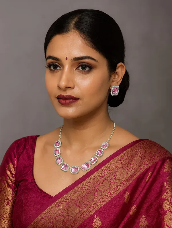 SHANKHRAJ_MALL_Elegant_Chrome_Finish_Necklace_&_Earrings_Set_with_Sparkling_Stones_–_Wedding_&_Party_Jewelry_for_Women_(PINK)