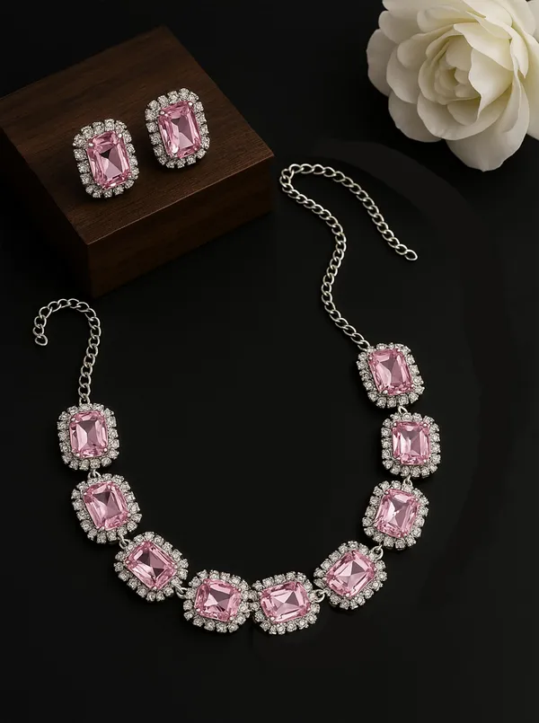 SHANKHRAJ_MALL_Elegant_Chrome_Finish_Necklace_&_Earrings_Set_with_Sparkling_Stones_–_Wedding_&_Party_Jewelry_for_Women_(PINK)