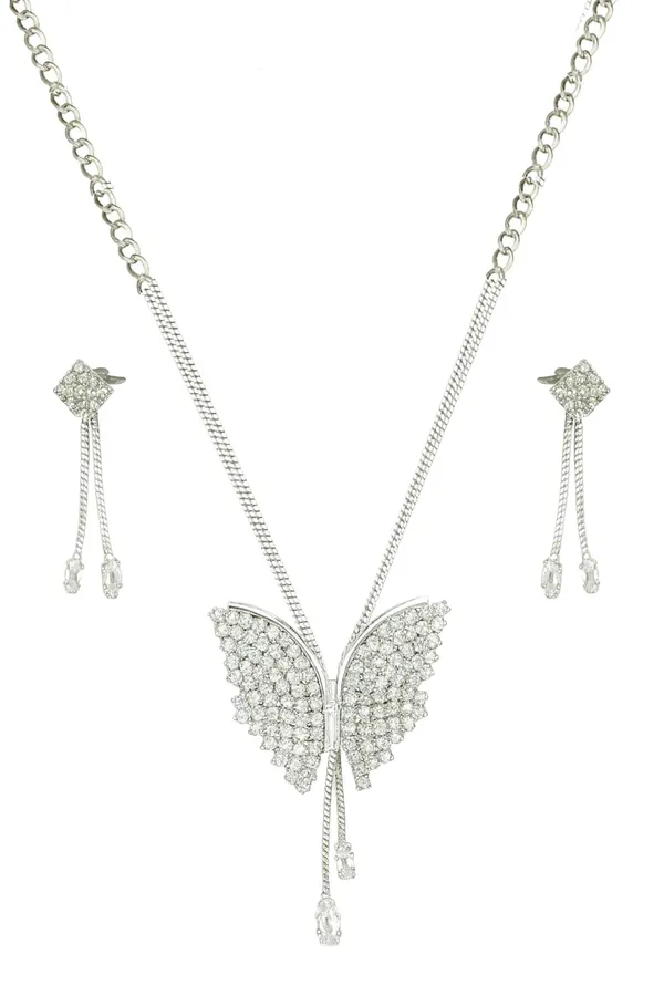 SHANKHRAJ_MALL_Sparkling_Butterfly_Pendant_Necklace_with_Earrings_Set_for_Women_&_Girls_|_Silver-Tone_Chain_Jewelry_with_Rhinestones