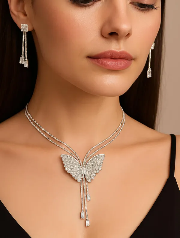 SHANKHRAJ_MALL_Sparkling_Butterfly_Pendant_Necklace_with_Earrings_Set_for_Women_&_Girls_|_Silver-Tone_Chain_Jewelry_with_Rhinestones