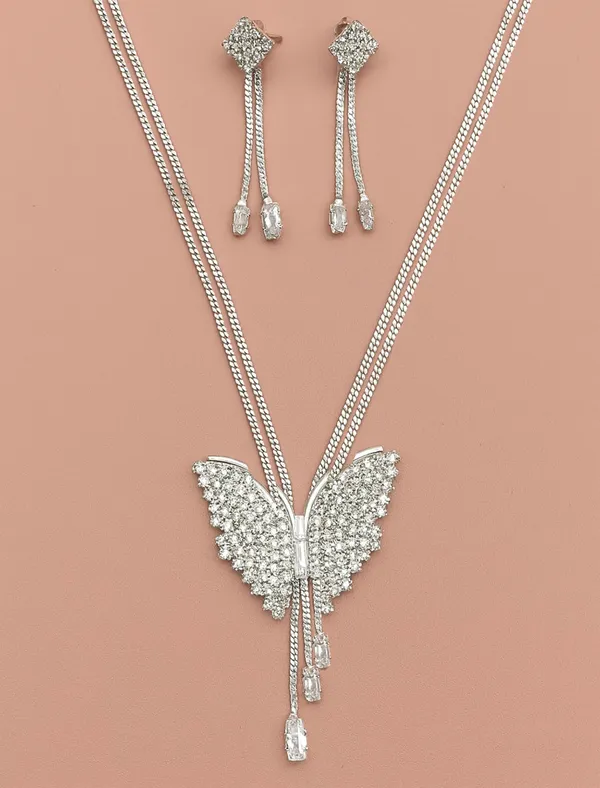 SHANKHRAJ_MALL_Sparkling_Butterfly_Pendant_Necklace_with_Earrings_Set_for_Women_&_Girls_|_Silver-Tone_Chain_Jewelry_with_Rhinestones