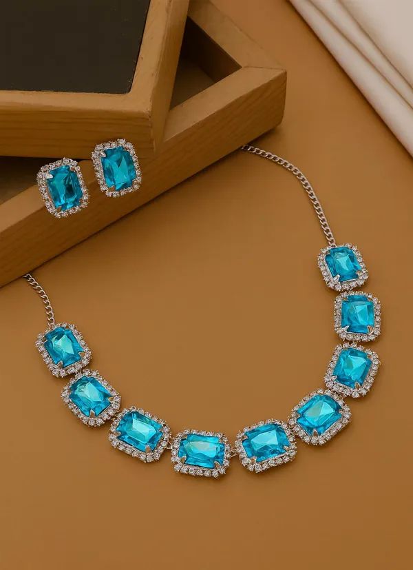 SHANKHRAJ_MALL_Elegant_Chrome_Finish_Necklace_&_Earrings_Set_with_Sparkling_Stones_–_Wedding_&_Party_Jewelry_for_Women_(SKY_BLUE)