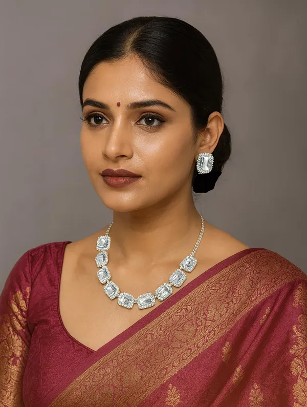 SHANKHRAJ_MALL_Elegant_Chrome_Finish_Necklace_&_Earrings_Set_with_Sparkling_Stones_–_Wedding_&_Party_Jewelry_for_Women_(WHITE)